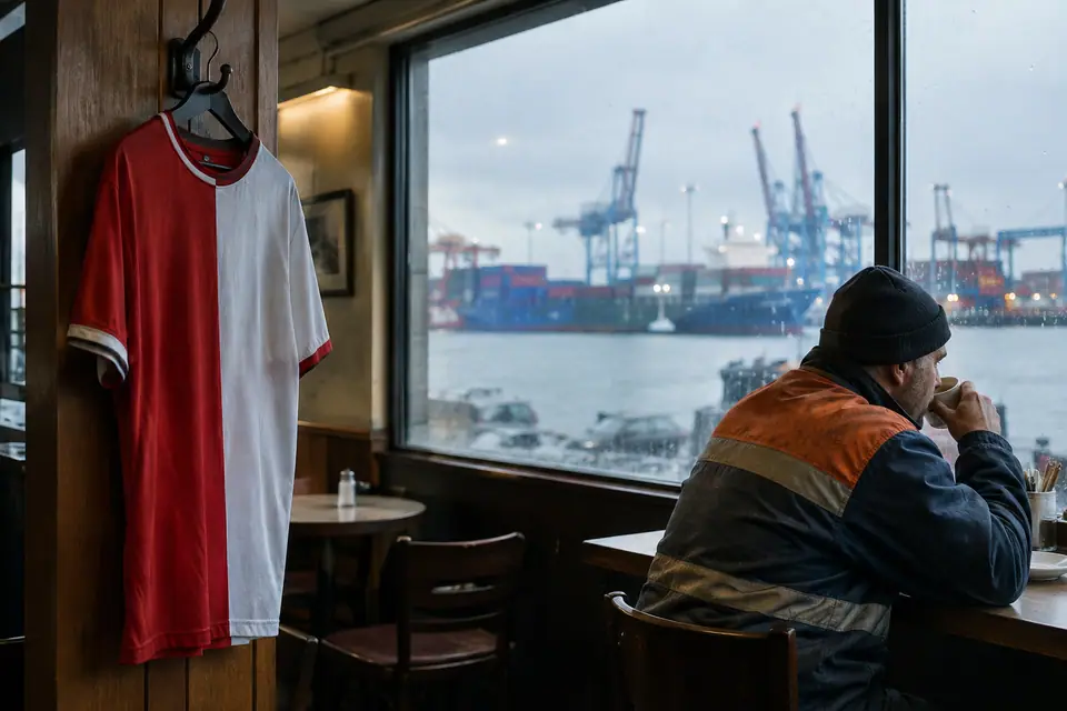 Maillot de foot rétro moitié rouge moitié blanc accroché dans un café près du port