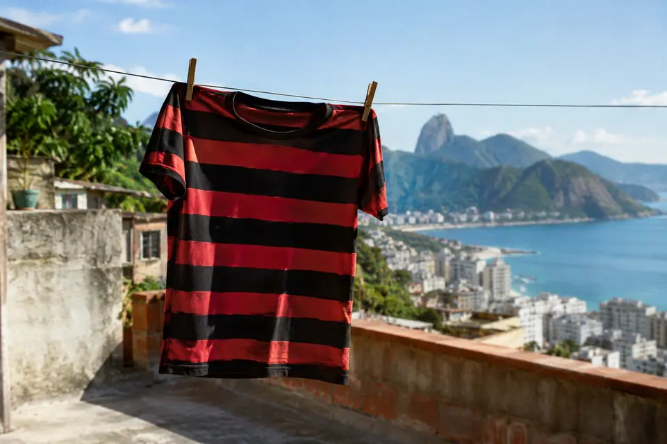 Maillot de foot à rayures horizontales rouges et noires séchant sur une terrasse face à la mer
