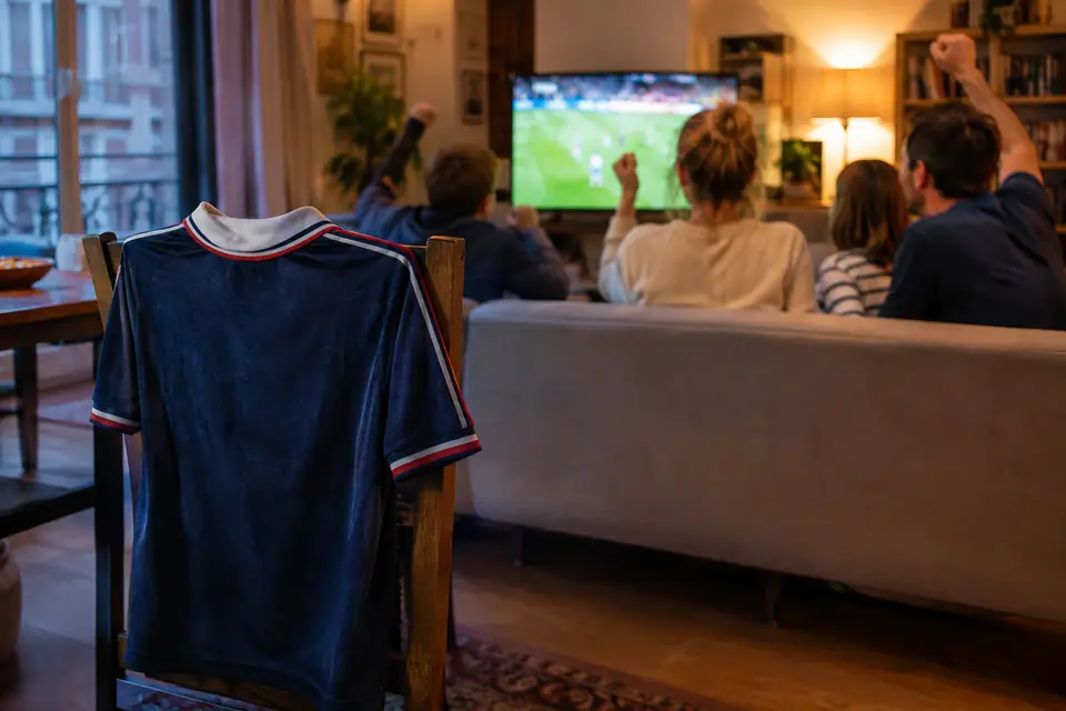 Maillot de foot bleu de style rétro accroché à une chaise dans un salon pendant un match