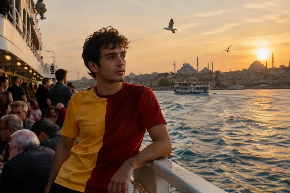 Jeune homme en maillot rétro jaune et rouge accoudé au bastingage d'un ferry au coucher du soleil