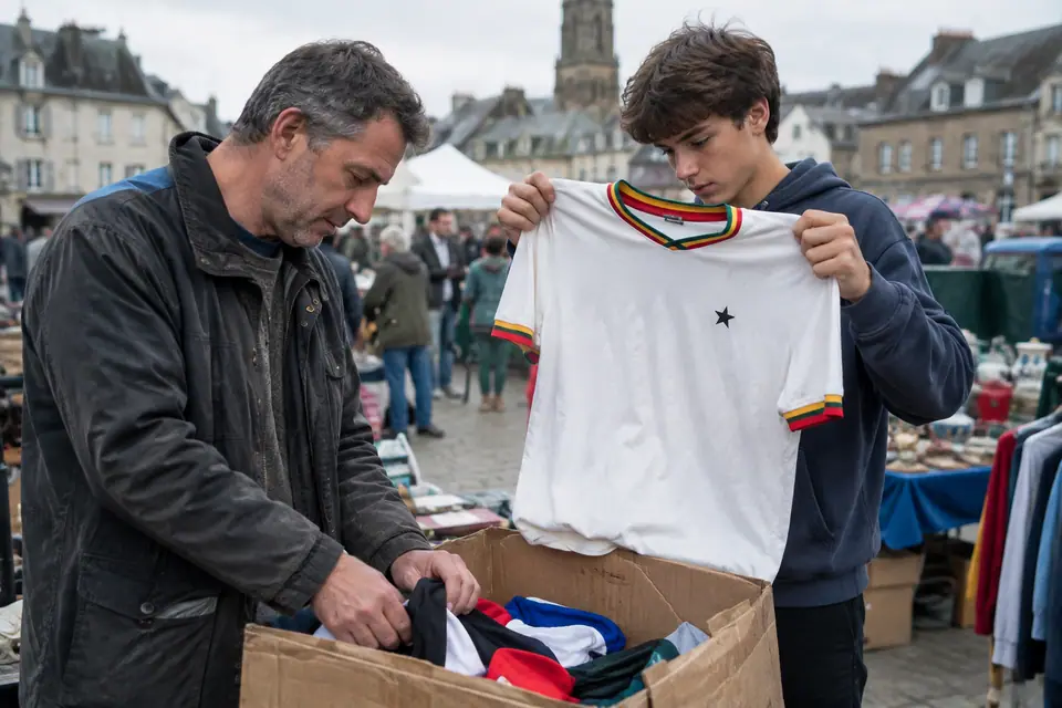 Un père et son fils fouillent un carton de vieux maillots de foot dans une brocante