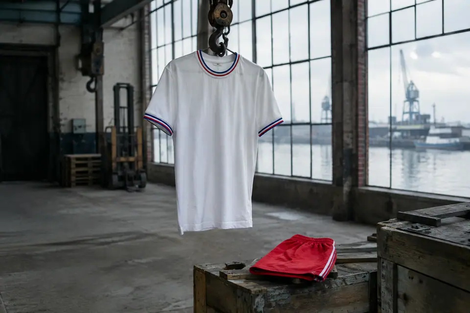 Maillot de foot blanc rétro suspendu dans un vieil entrepôt portuaire avec un short rouge