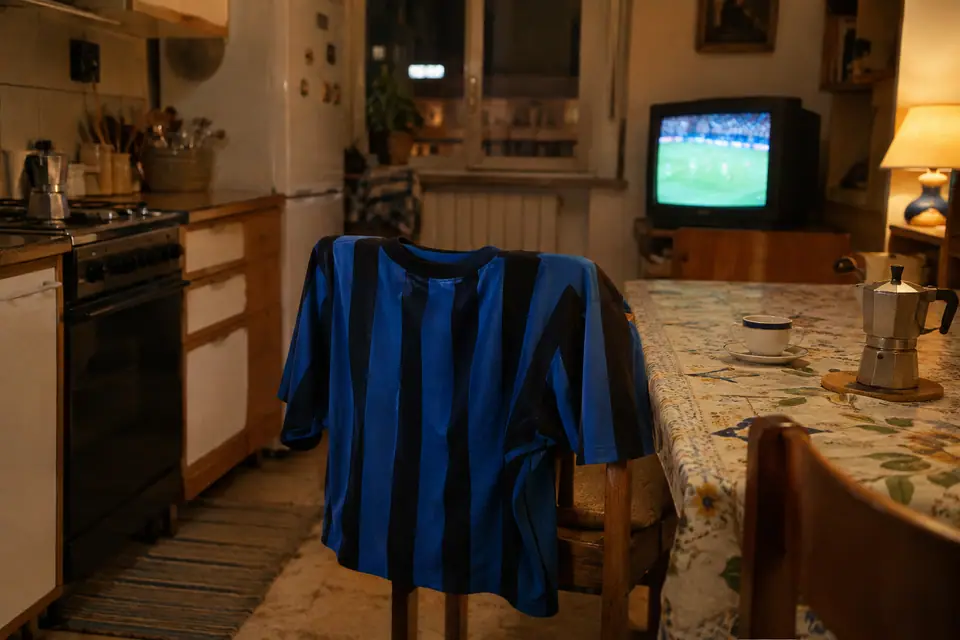 Maillot de foot rayé bleu et noir posé sur une chaise de cuisine, le soir, devant une vieille télévision