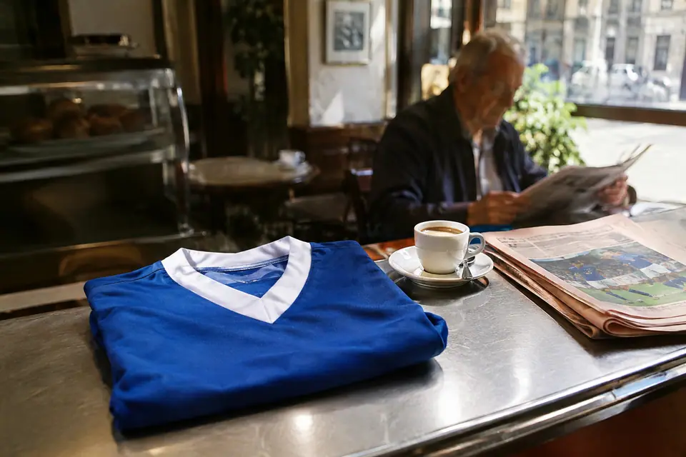 Maillot de foot bleu rétro plié sur le comptoir d'un petit bar à café italien