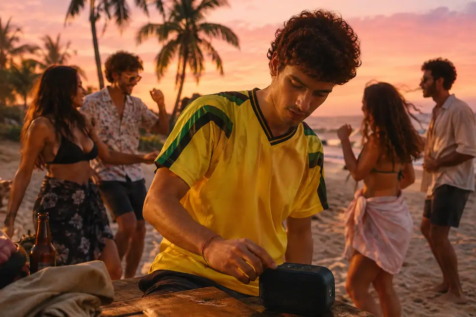 Jeune homme en maillot de foot jaune lors d'une fête sur une plage au coucher du soleil