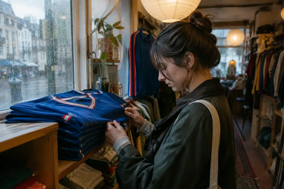 Jeune femme examinant un maillot de foot bleu foncé plié dans une petite boutique d'occasion