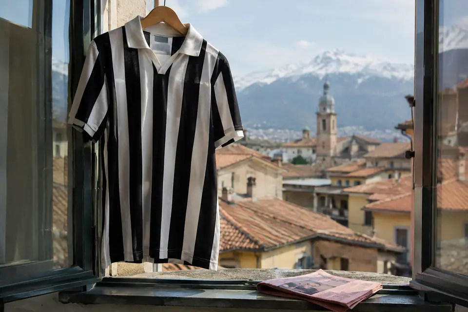 Maillot de foot rétro à rayures noires et blanches suspendu devant une fenêtre ouverte sur les toits d'une ville italienne