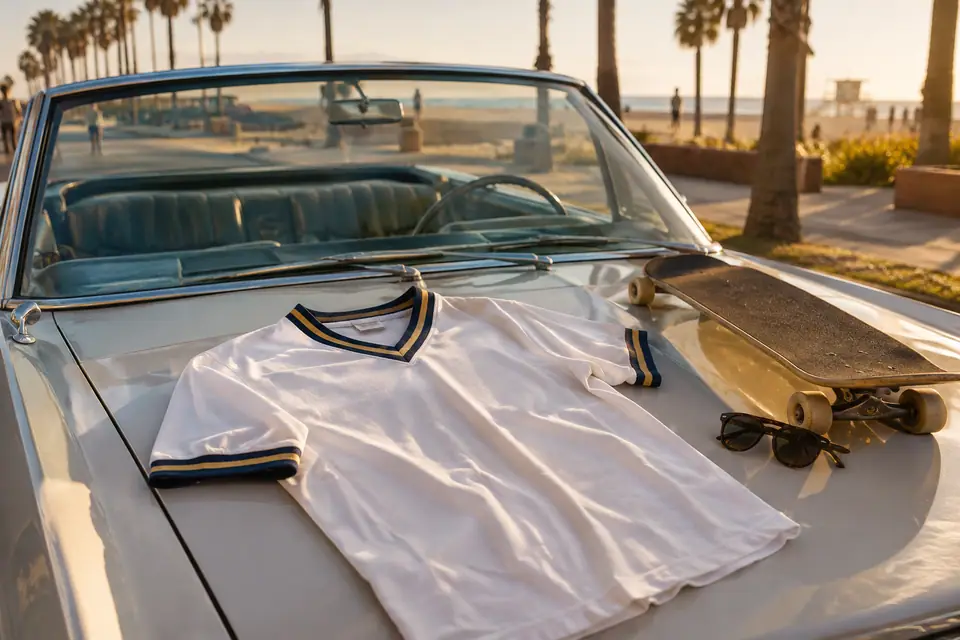 Maillot de foot blanc à finitions bleu marine et or posé sur le capot d'une voiture près de la plage