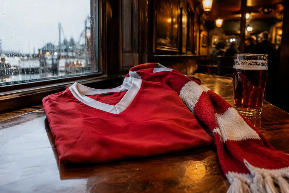 Maillot de foot rouge rétro plié sur le comptoir d'un pub, à côté d'une écharpe rouge et blanche