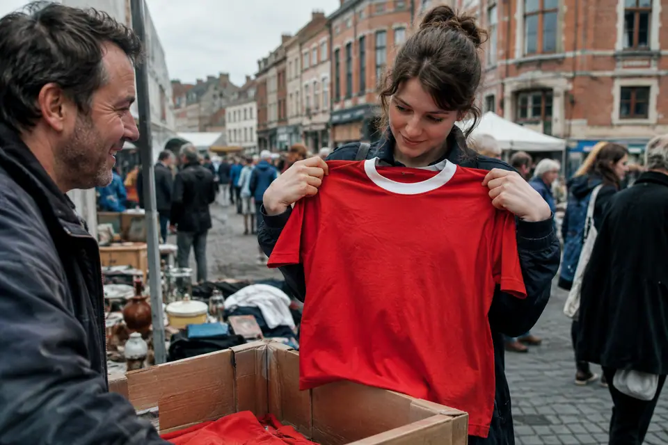 Jeune femme essayant un maillot de foot rouge rétro sur un marché aux puces dans une rue pavée