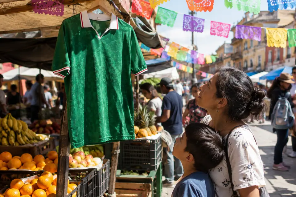 Maillot de foot vert rétro suspendu à un stand de marché, une mère et son fils le regardent