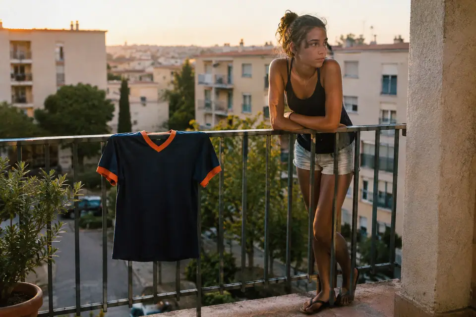 Adolescente accoudée à un balcon à côté d'un maillot de foot rétro bleu marine à finitions orange