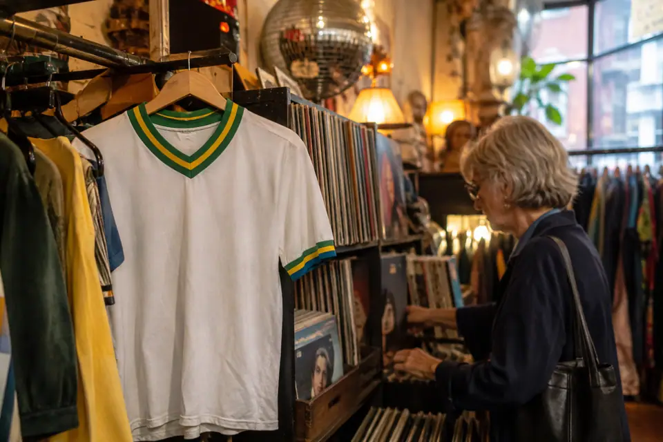 Maillot de foot blanc rétro à col vert et jaune dans une friperie new-yorkaise à côté de vinyles