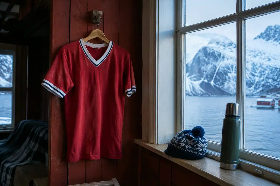 Maillot de foot rouge rétro accroché dans un chalet en bois face à un fjord enneigé