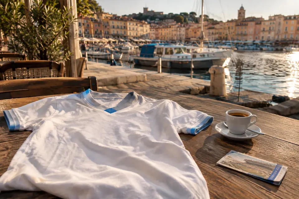 Maillot de foot blanc et bleu ciel de style rétro posé sur une table de café près du port