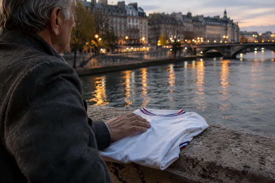 Maillot de foot blanc à liserés rouges et bleus posé sur un parapet au bord d'un fleuve au crépuscule