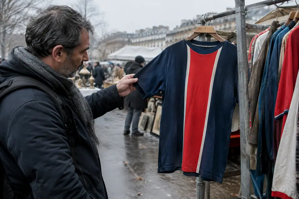 Maillot de foot rétro bleu nuit à bande rouge bordée de blanc suspendu sur un stand de brocante