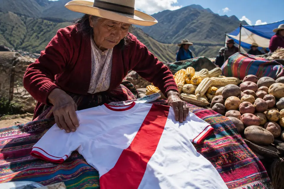 Maillot de foot blanc à écharpe rouge posé sur une couverture tissée dans un marché de montagne