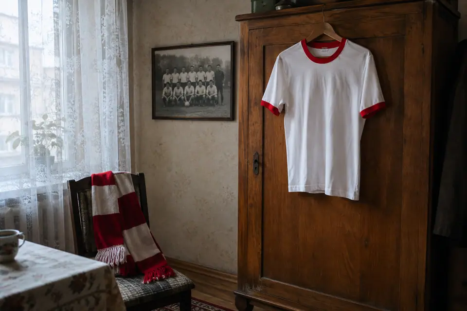Maillot de foot blanc à col rouge accroché à une armoire, avec une écharpe blanche et rouge