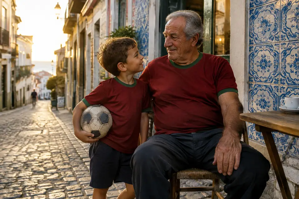 Grand-père en maillot de foot rouge et vert assis devant un café avec son petit-fils