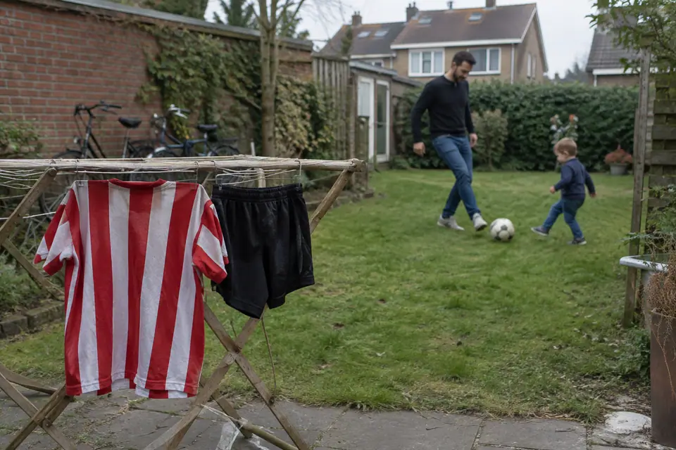 Maillot de foot rétro à rayures rouges et blanches sur un étendoir dans un jardin néerlandais