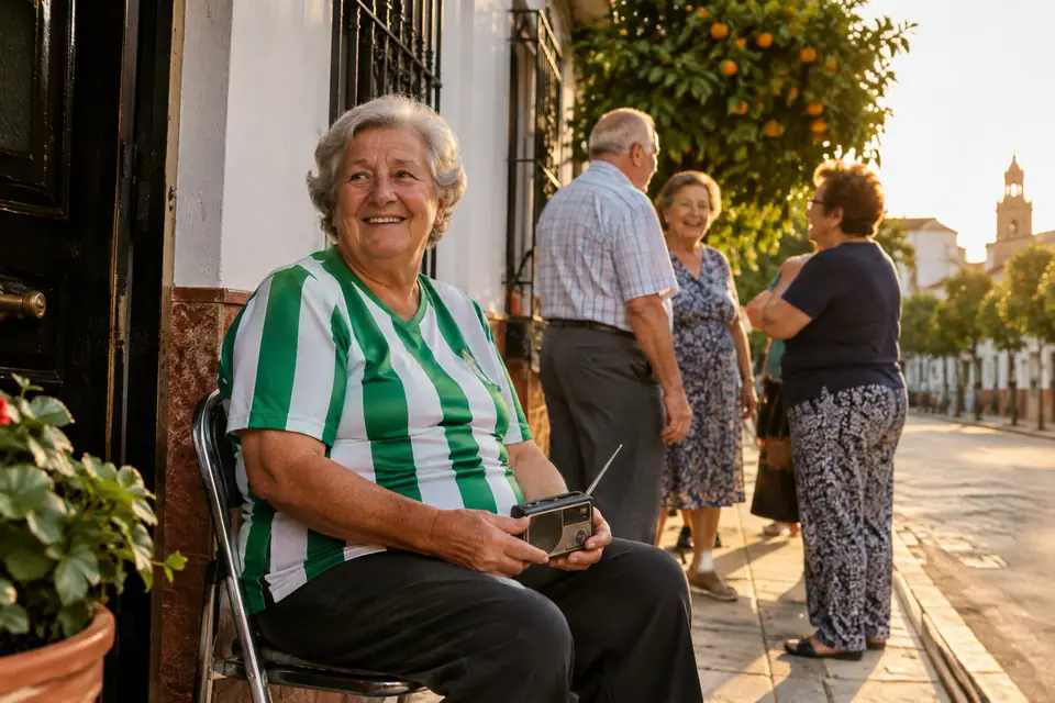 Grand-mère souriante en maillot de foot rayé vert et blanc assise devant sa porte à Séville