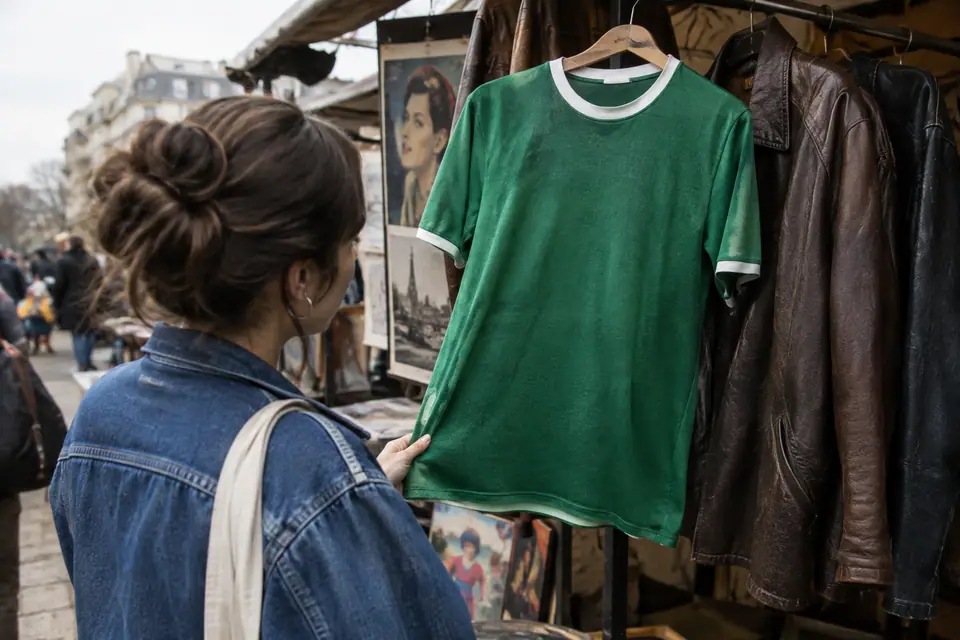 Jeune femme examinant un maillot de foot rétro vert sur un stand de marché aux puces