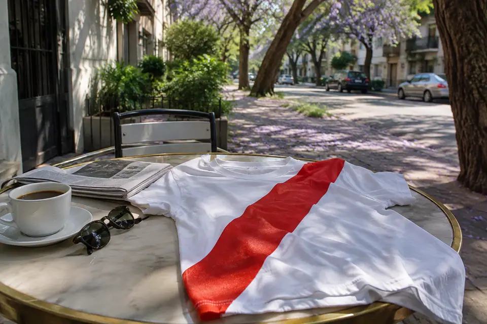 Maillot de foot blanc barré d'une bande rouge en diagonale posé sur une table de café ensoleillée