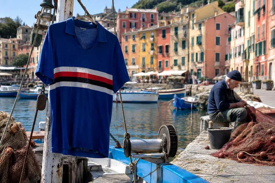 Maillot de foot bleu rétro à bande horizontale blanche, rouge et noire suspendu au mât d'un bateau de pêche