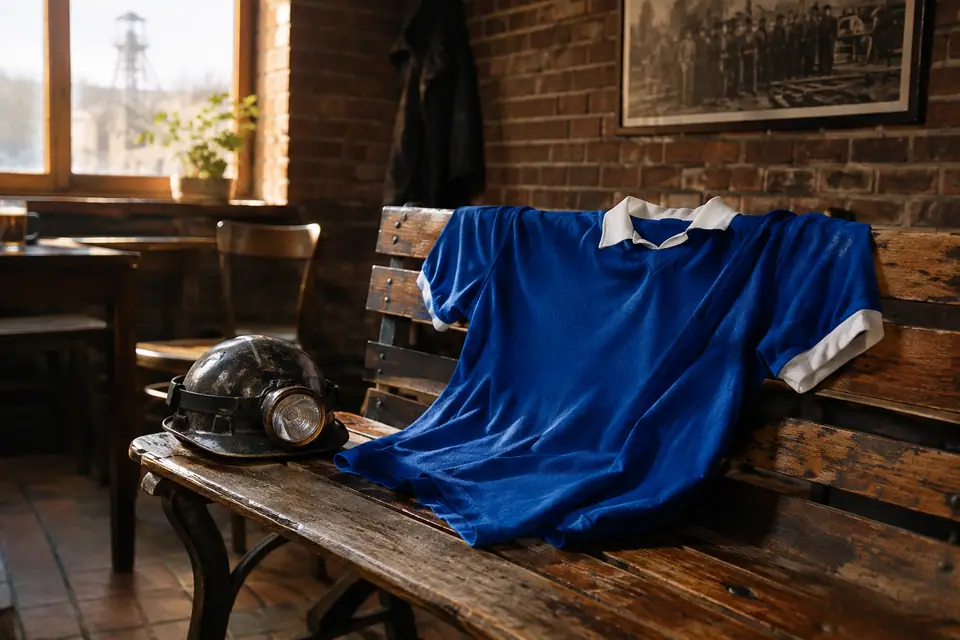 Maillot de foot bleu roi rétro posé sur un banc à côté d'un vieux casque de mineur