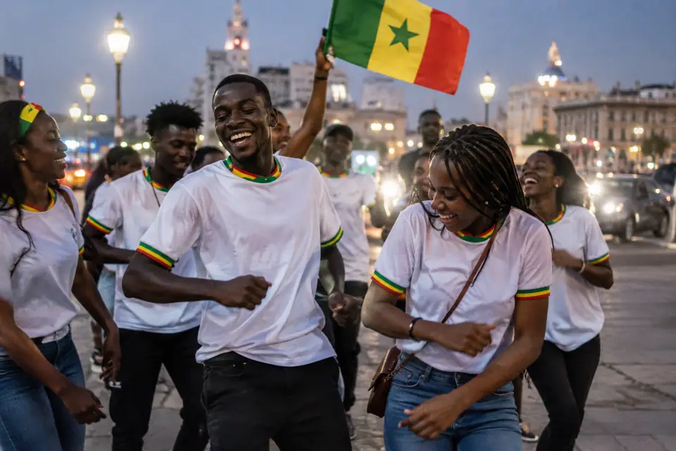 Des supporters en maillots blancs à liserés tricolores dansent sur une place un soir de match