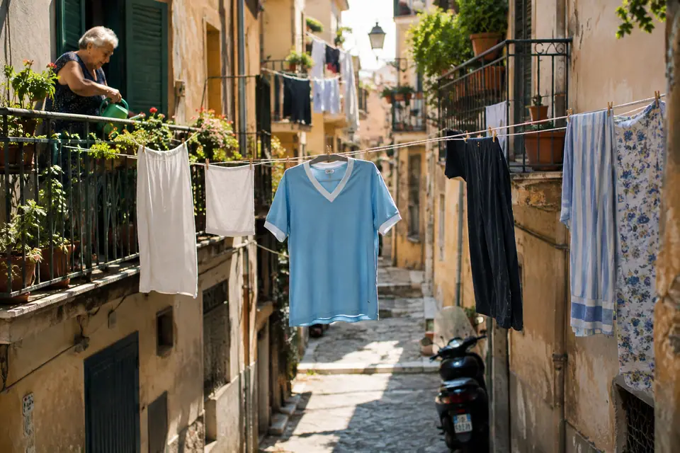 Maillot de foot bleu ciel rétro suspendu à une corde à linge dans une ruelle ensoleillée d'Italie du Sud