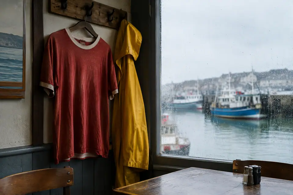Maillot de foot rouge de style rétro suspendu dans un café breton, port sous la pluie en arrière-plan