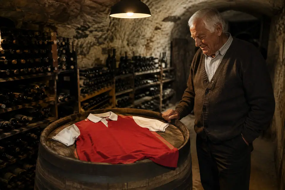 Maillot de foot rétro rouge à manches blanches posé sur un tonneau dans une cave voûtée