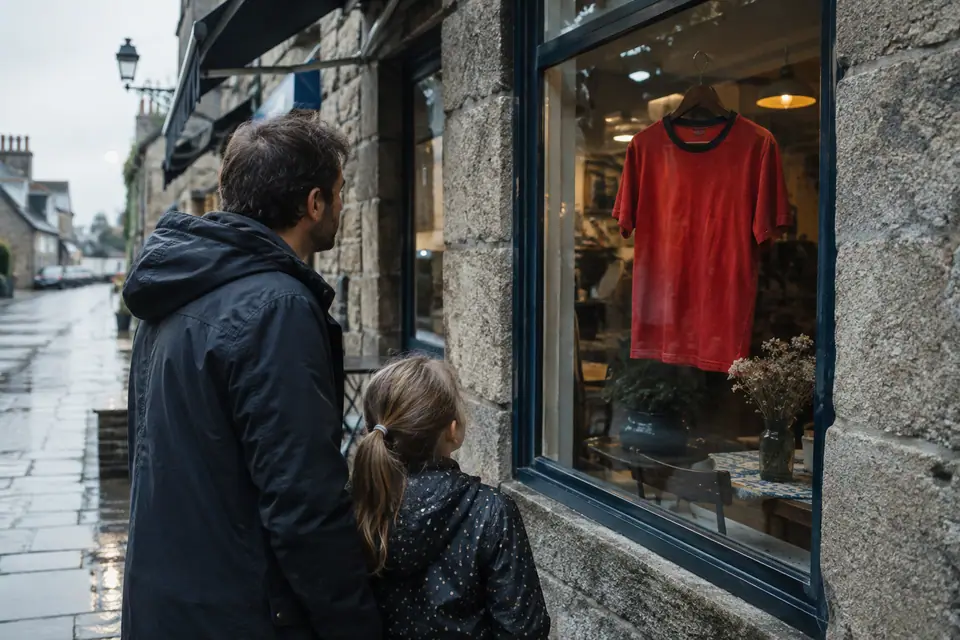 Père et fille regardant un maillot de foot rouge à col noir accroché dans la vitrine d'une crêperie