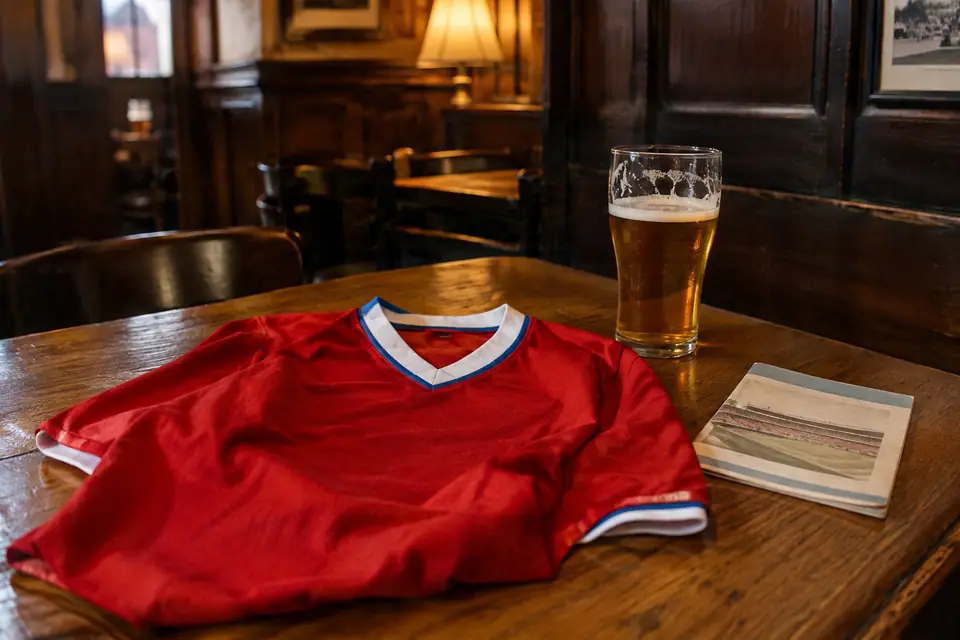 Maillot de foot rouge rétro à col blanc posé sur une table de pub en bois sombre