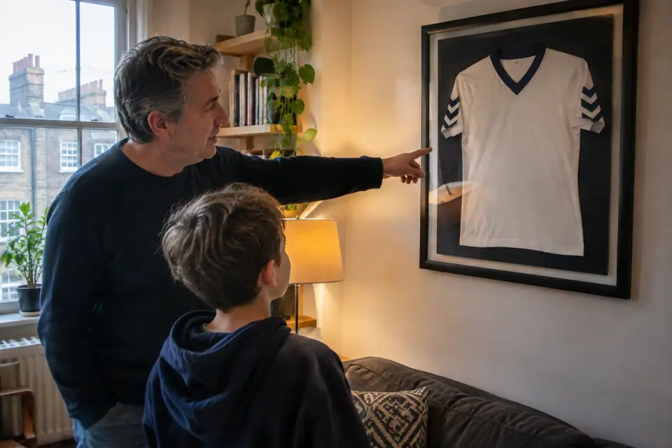 Grand-père montrant à son petit-fils un maillot de foot blanc à liserés bleu marine encadré au mur