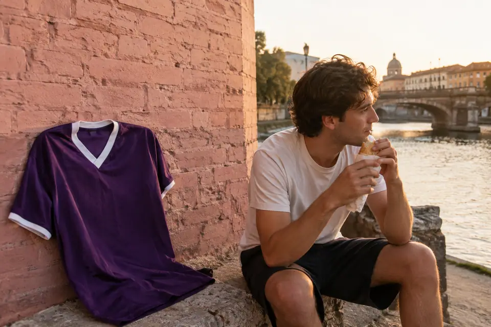 Jeune homme assis sur un muret de briques roses à côté d'un maillot de foot rétro violet