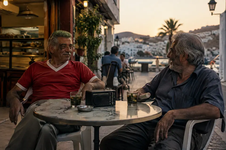 Deux amis devant un café de quartier, l'un en maillot de foot rouge à col blanc