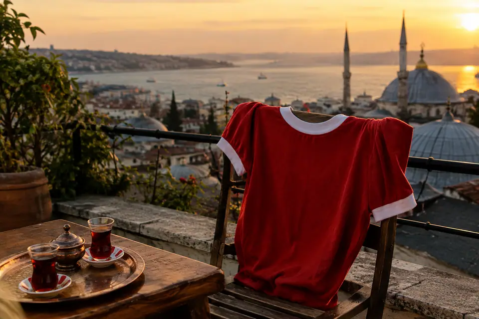 Maillot de foot rouge rétro sur une chaise de terrasse, avec des verres de thé sur un plateau