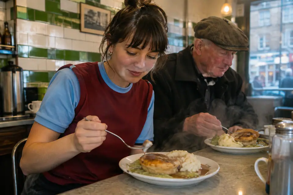 Jeune femme en maillot de foot bordeaux et bleu ciel au comptoir d'un café traditionnel de l'est de Londres