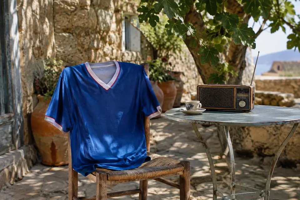 Maillot de foot bleu rétro à col blanc accroché à une chaise dans une cour ensoleillée