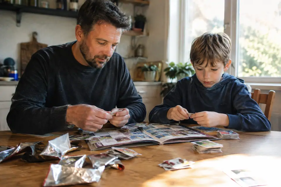 Un père et son fils trient des vignettes de foot autour d'un album ouvert sur la table de la cuisine
