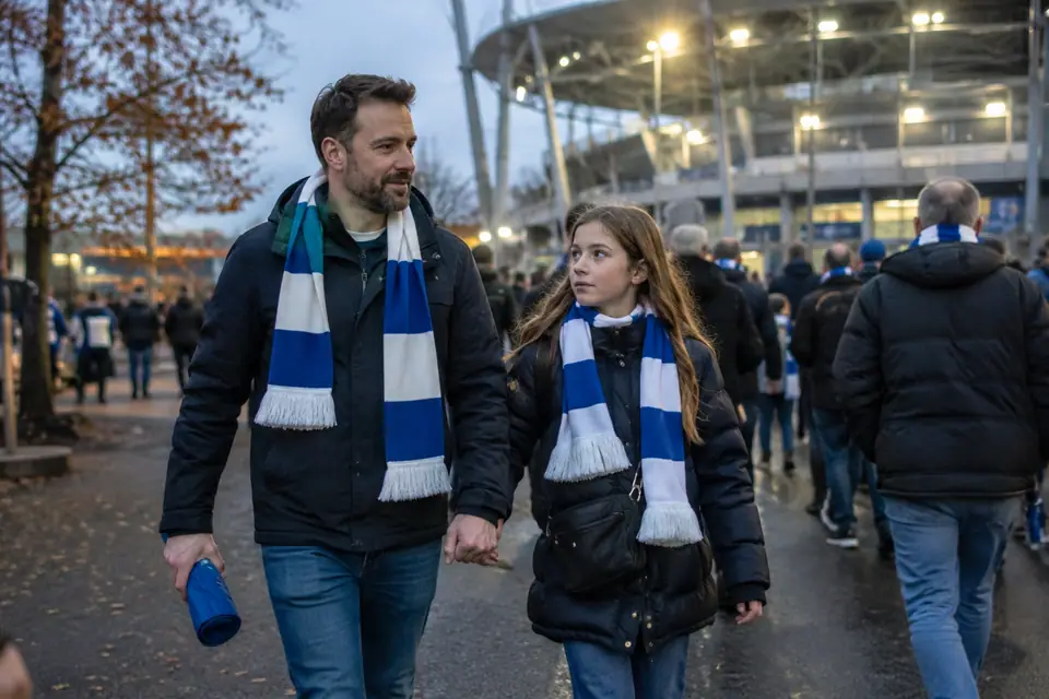 Un père et sa fille en écharpe de supporter marchent vers l'entrée d'un stade en début de soirée