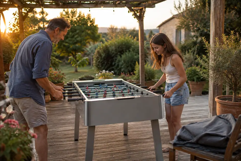 Un père et sa fille jouent sur un baby-foot d'extérieur en aluminium sous une pergola, un soir d'été
