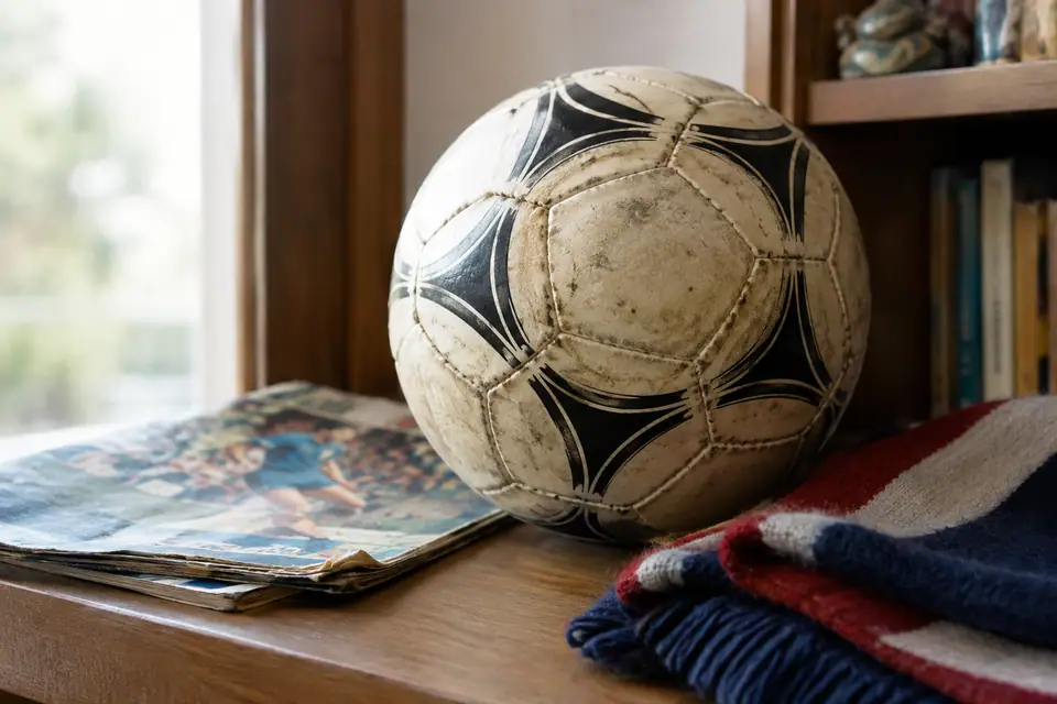 Ballon de foot ancien en cuir blanc aux motifs noirs incurvés, posé sur une étagère avec un vieil album