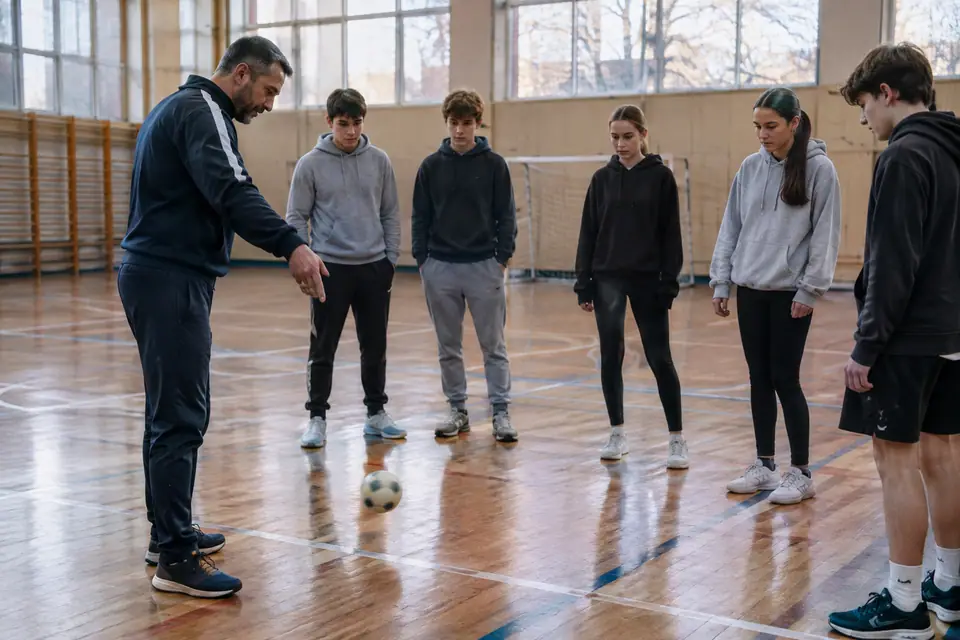 Éducateur lâchant un ballon de futsal sur le parquet d'un gymnase devant un groupe d'adolescents