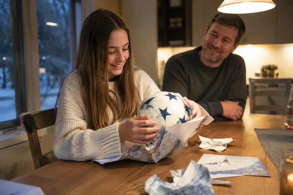 Une adolescente découvre un ballon blanc décoré d'étoiles en ouvrant son cadeau dans la cuisine