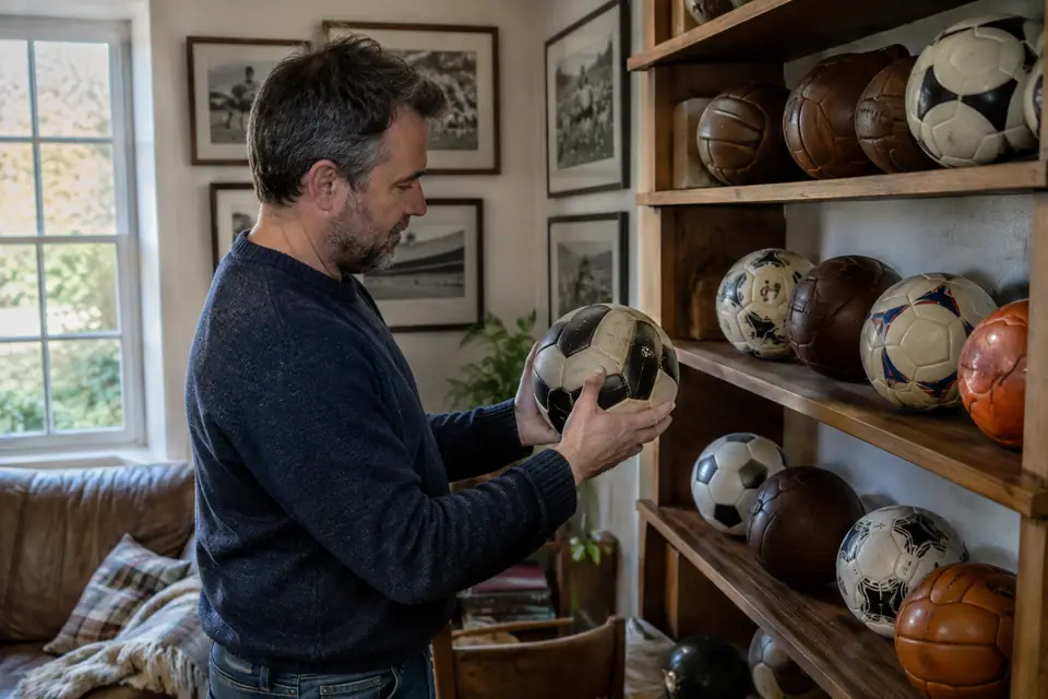 Un collectionneur range des ballons de foot anciens et récents sur des étagères en bois dans son salon