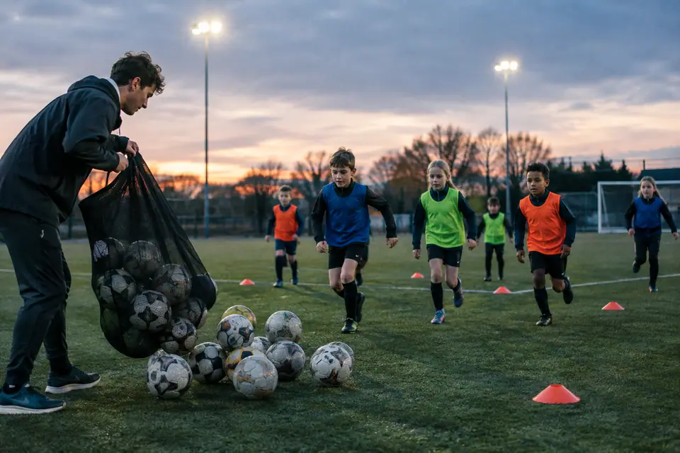 Un éducateur vide un filet de ballons sur un terrain synthétique devant des enfants en chasubles
